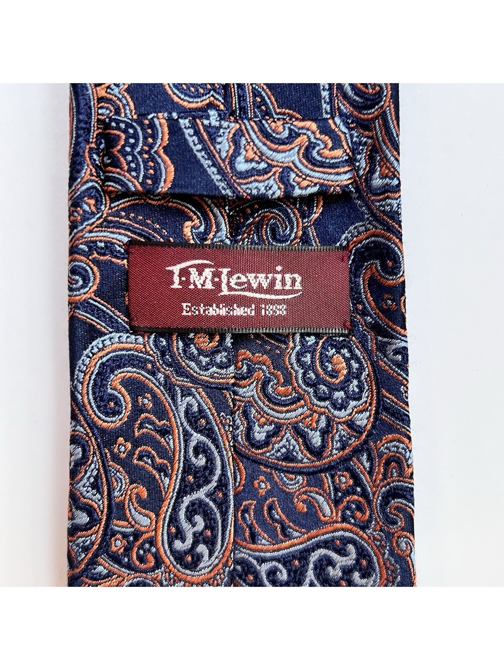 T.M. LEWIN Long Men's 100% Silk Necktie 63.5" Designer Blue Orange Paisley